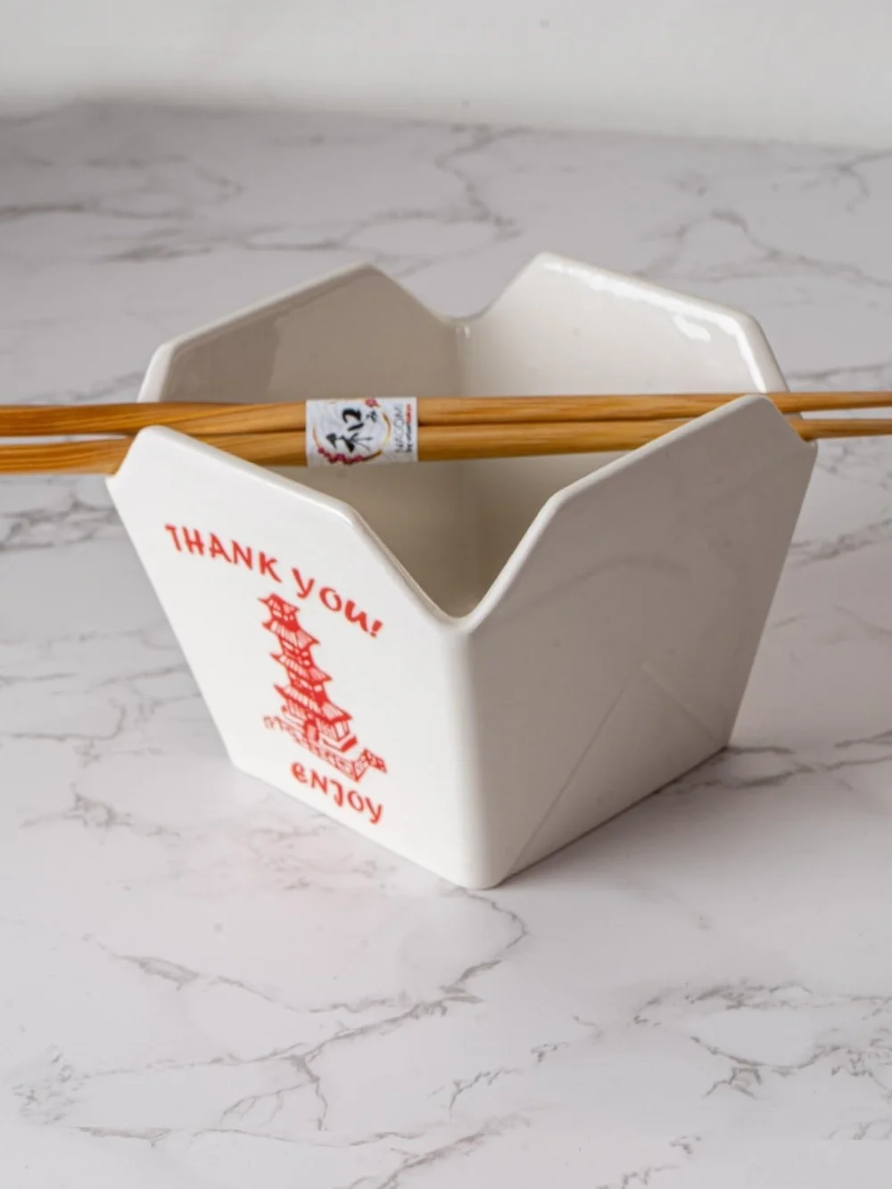 Urban Tokyo Chinese Takeout Box Style Porcelain Bowl with Chopsticks